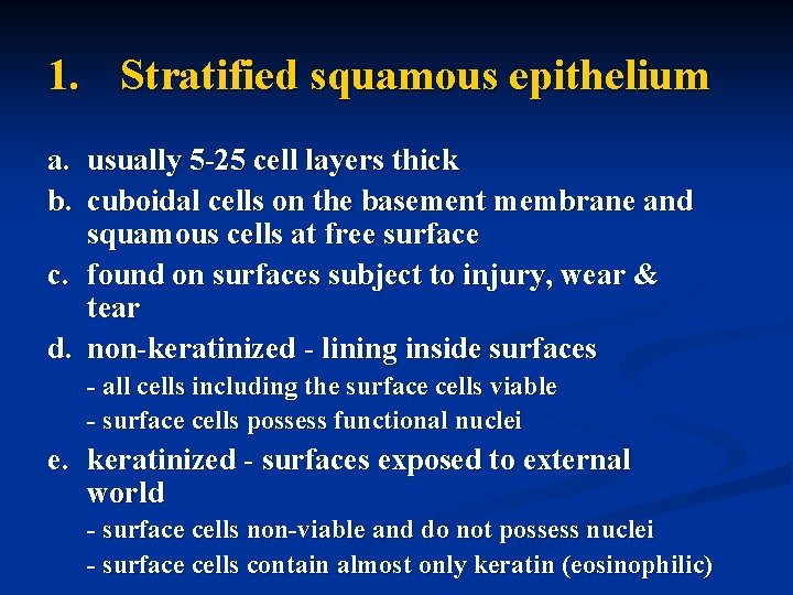 1. Stratified squamous epithelium a. usually 5 -25 cell layers thick b. cuboidal cells