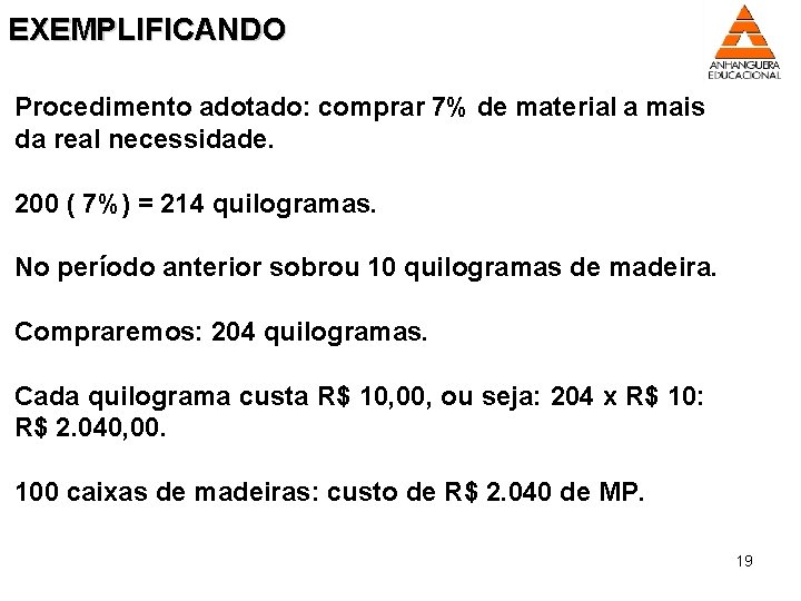 EXEMPLIFICANDO Procedimento adotado: comprar 7% de material a mais da real necessidade. 200 (