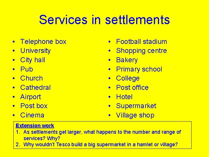 Services in settlements • • • Telephone box University City hall Pub Church Cathedral
