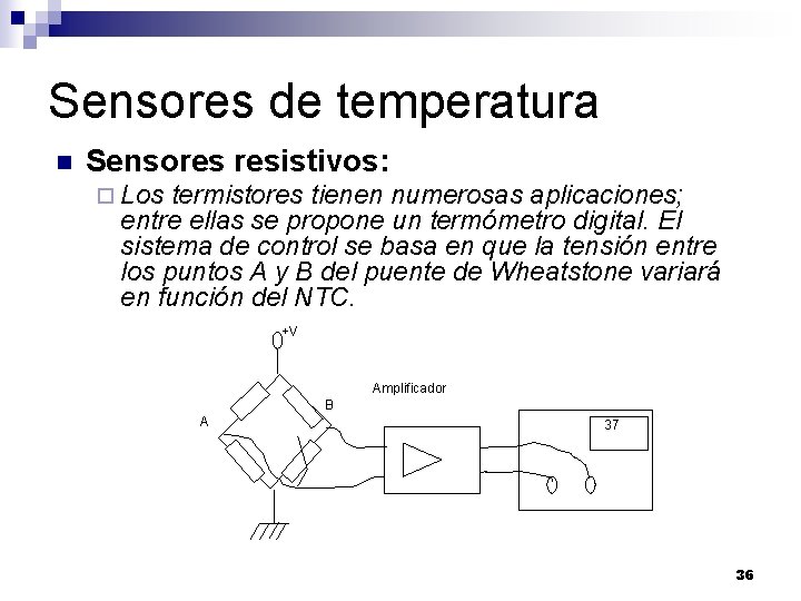 Sensores de temperatura n Sensores resistivos: ¨ Los termistores tienen numerosas aplicaciones; entre ellas