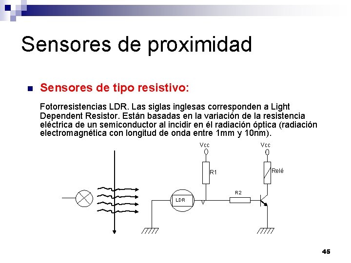 Sensores de proximidad n Sensores de tipo resistivo: Fotorresistencias LDR. Las siglas inglesas corresponden