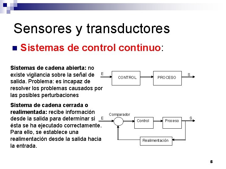 Sensores y transductores n Sistemas de control continuo: Sistemas de cadena abierta: no existe