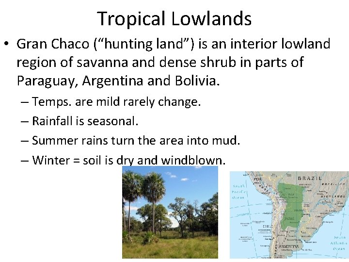Tropical Lowlands • Gran Chaco (“hunting land”) is an interior lowland region of savanna