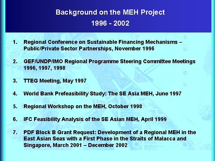 Background on the MEH Project 1996 - 2002 1. Regional Conference on Sustainable Financing