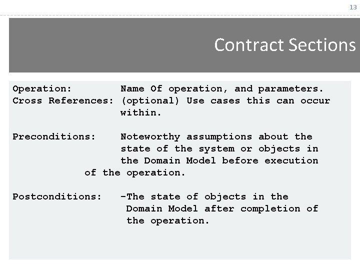 13 Contract Sections Operation: Name Of operation, and parameters. Cross References: (optional) Use cases