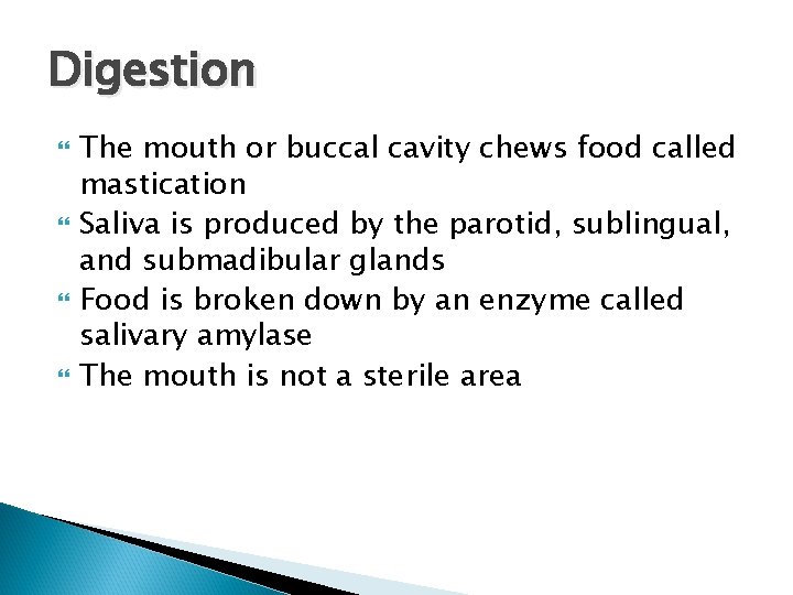 Digestion The mouth or buccal cavity chews food called mastication Saliva is produced by