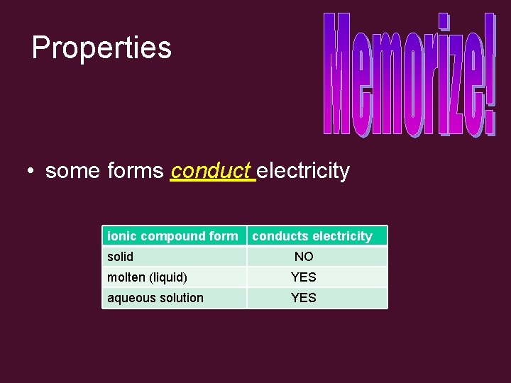 Properties • some forms conduct electricity ionic compound form conducts electricity solid NO molten