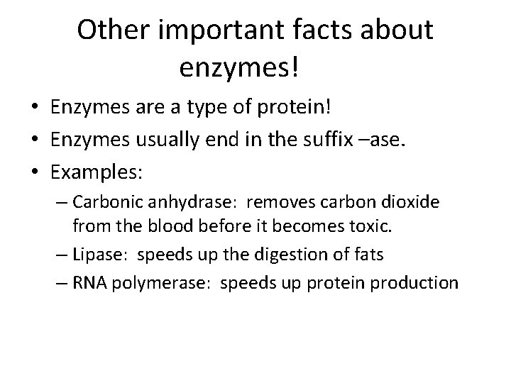 Other important facts about enzymes! • Enzymes are a type of protein! • Enzymes