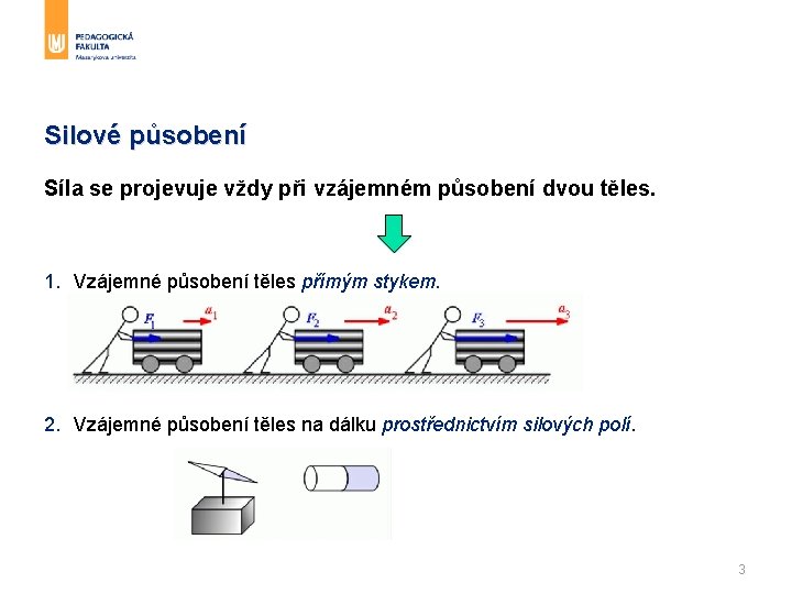 Silové působení Síla se projevuje vždy při vzájemném působení dvou těles. 1. Vzájemné působení