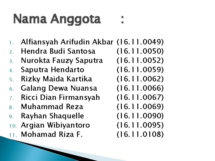 Nama Anggota 1. 2. 3. 4. 5. 6. 7. 8. 9. 10. 11. Alfiansyah