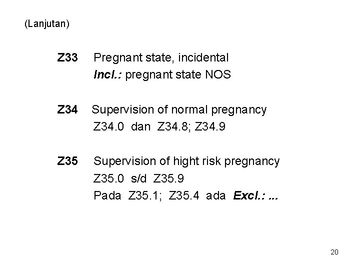 (Lanjutan) Z 33 Pregnant state, incidental Incl. : pregnant state NOS Z 34 Supervision