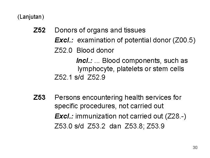 (Lanjutan) Z 52 Donors of organs and tissues Excl. : examination of potential donor
