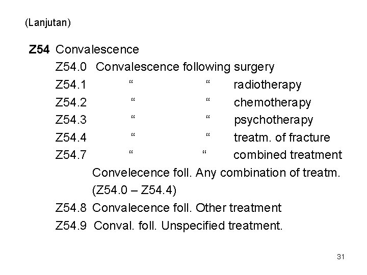 (Lanjutan) Z 54 Convalescence Z 54. 0 Convalescence following surgery Z 54. 1 “