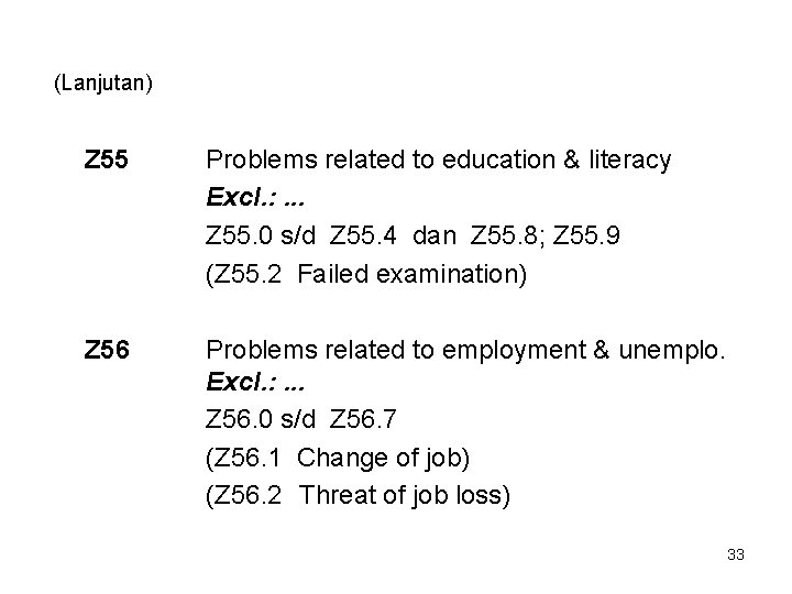 (Lanjutan) Z 55 Problems related to education & literacy Excl. : . . .