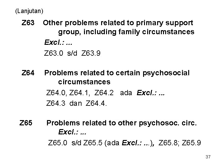 (Lanjutan) Z 63 Other problems related to primary support group, including family circumstances Excl.