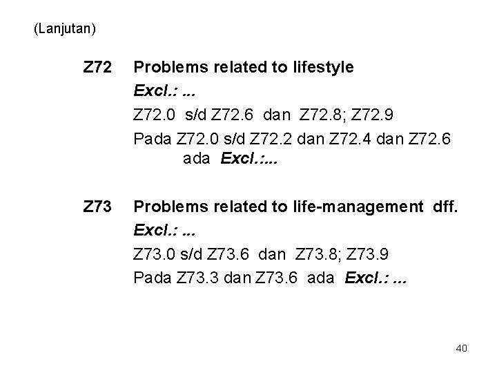 (Lanjutan) Z 72 Problems related to lifestyle Excl. : . . . Z 72.