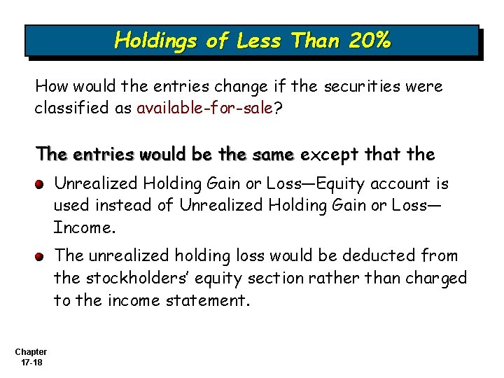 Holdings of Less Than 20% How would the entries change if the securities were