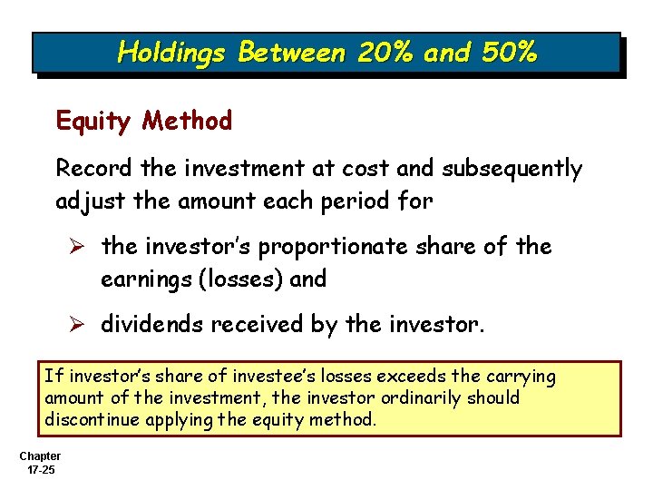 Holdings Between 20% and 50% Equity Method Record the investment at cost and subsequently