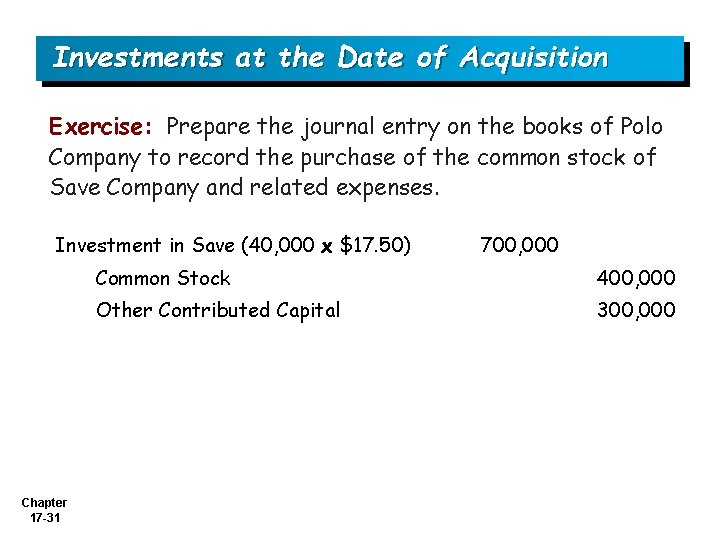 Investments at the Date of Acquisition Exercise: Prepare the journal entry on the books