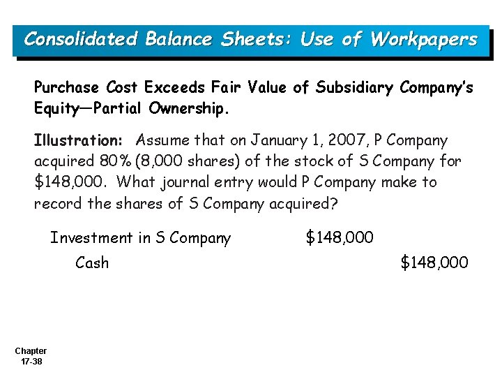 Consolidated Balance Sheets: Use of Workpapers Purchase Cost Exceeds Fair Value of Subsidiary Company’s