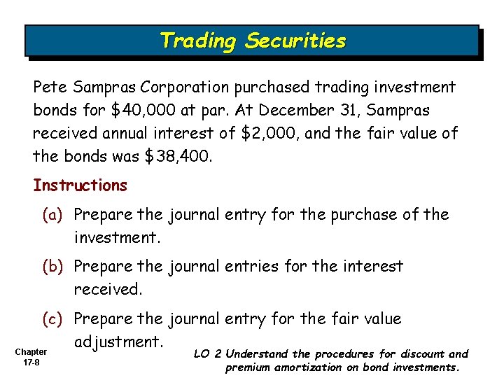 Trading Securities Pete Sampras Corporation purchased trading investment bonds for $40, 000 at par.