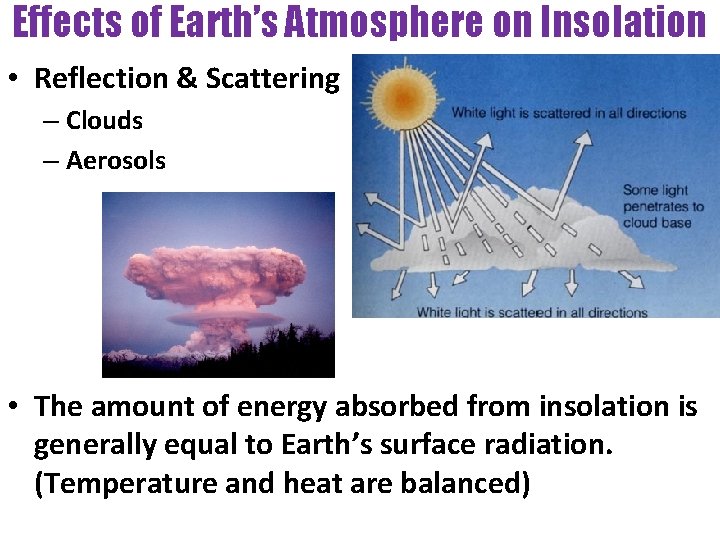 Effects of Earth’s Atmosphere on Insolation • Reflection & Scattering – Clouds – Aerosols