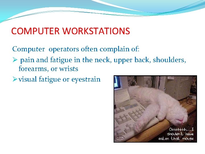 COMPUTER WORKSTATIONS Computer operators often complain of: Ø pain and fatigue in the neck,