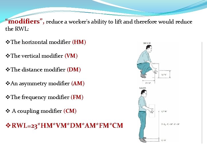 “modifiers”, reduce a worker’s ability to lift and therefore would reduce the RWL: v.