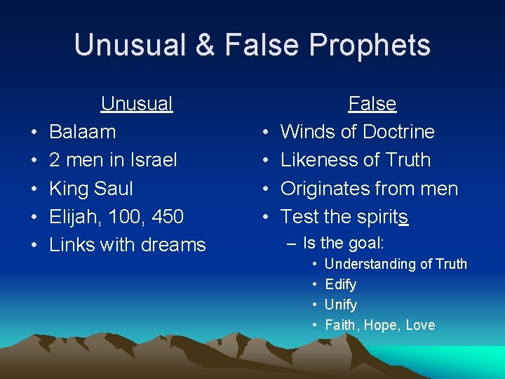 Unusual & False Prophets • • • Unusual Balaam 2 men in Israel King