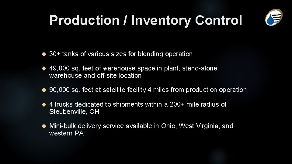 Production / Inventory Control 30+ tanks of various sizes for blending operation 49, 000