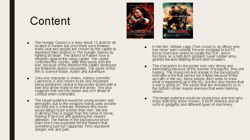 Content ■ The Hunger Games is a story about 12 districts all located in