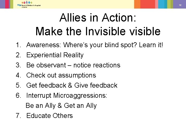 15 Allies in Action: Make the Invisible 1. 2. 3. 4. 5. 6. Awareness: