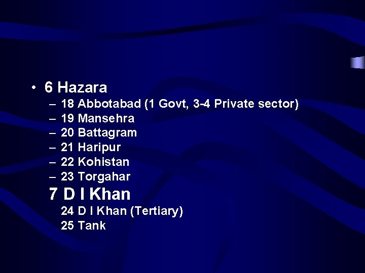  • 6 Hazara – – – 18 Abbotabad (1 Govt, 3 -4 Private