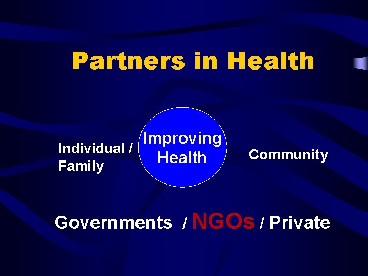 Partners in Health Improving Individual / Health Family Community Governments / NGOs / Private