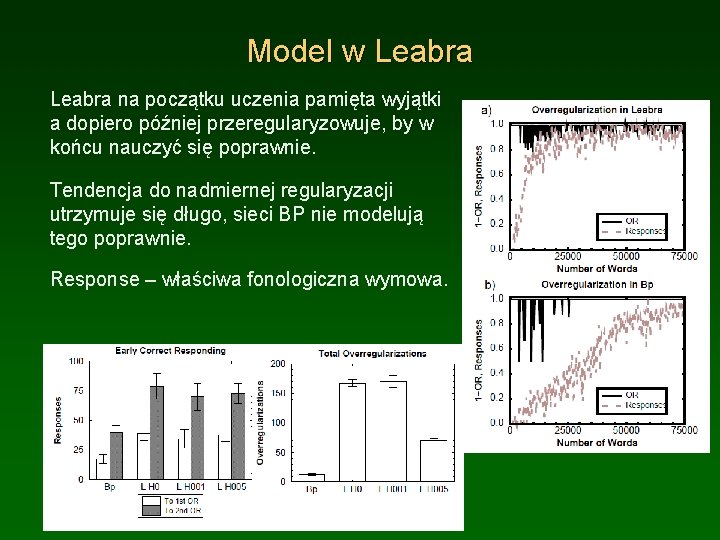 Model w Leabra na początku uczenia pamięta wyjątki a dopiero później przeregularyzowuje, by w