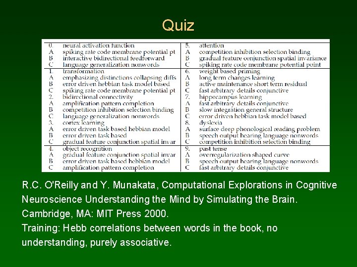 Quiz R. C. O'Reilly and Y. Munakata, Computational Explorations in Cognitive Neuroscience Understanding the