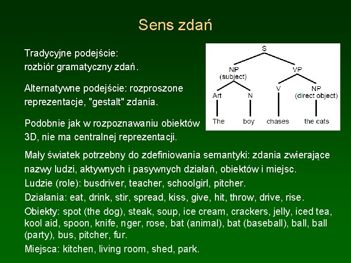 Sens zdań Tradycyjne podejście: rozbiór gramatyczny zdań. Alternatywne podejście: rozproszone reprezentacje, "gestalt" zdania. Podobnie