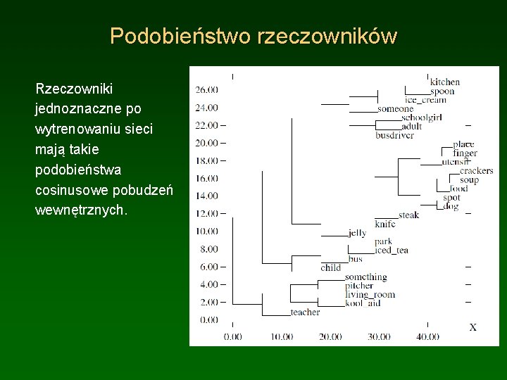 Podobieństwo rzeczowników Rzeczowniki jednoznaczne po wytrenowaniu sieci mają takie podobieństwa cosinusowe pobudzeń wewnętrznych. 