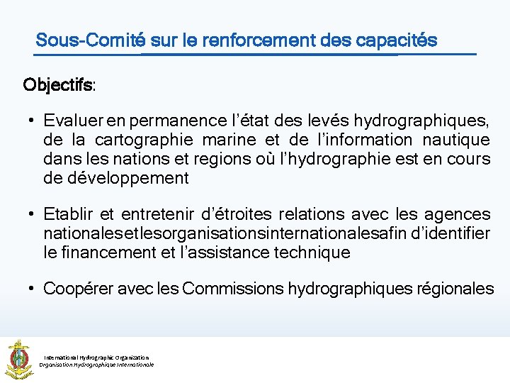 Sous-Comité sur le renforcement des capacités Objectifs: • Evaluer en permanence l’état des levés