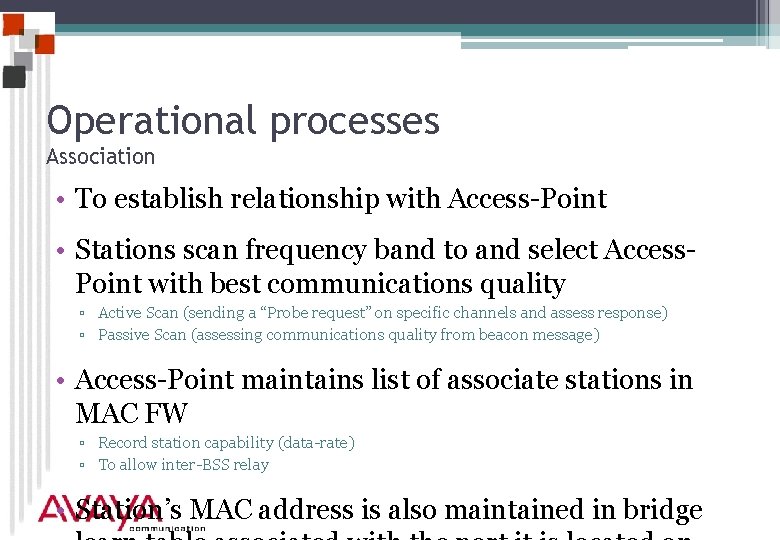 Operational processes Association • To establish relationship with Access-Point • Stations scan frequency band