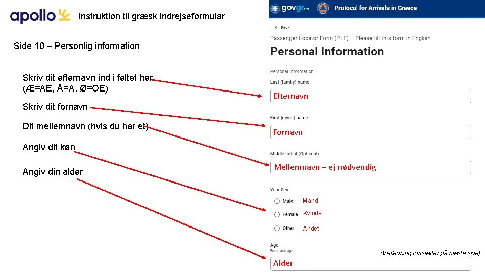 Instruktion til græsk indrejseformular Side 10 – Personlig information Skriv dit efternavn ind i