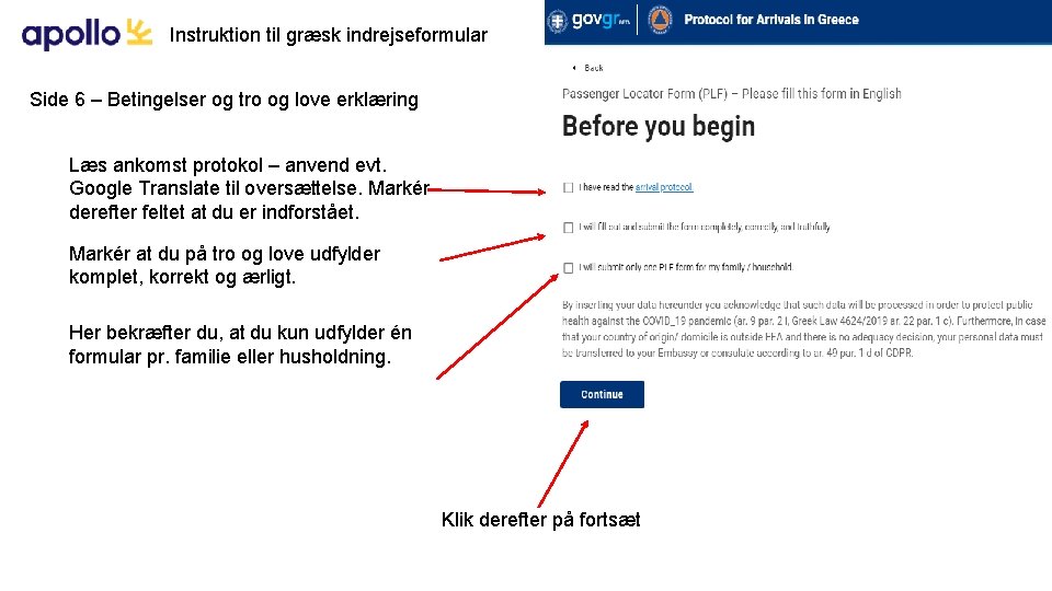 Instruktion til græsk indrejseformular Side 6 – Betingelser og tro og love erklæring Læs