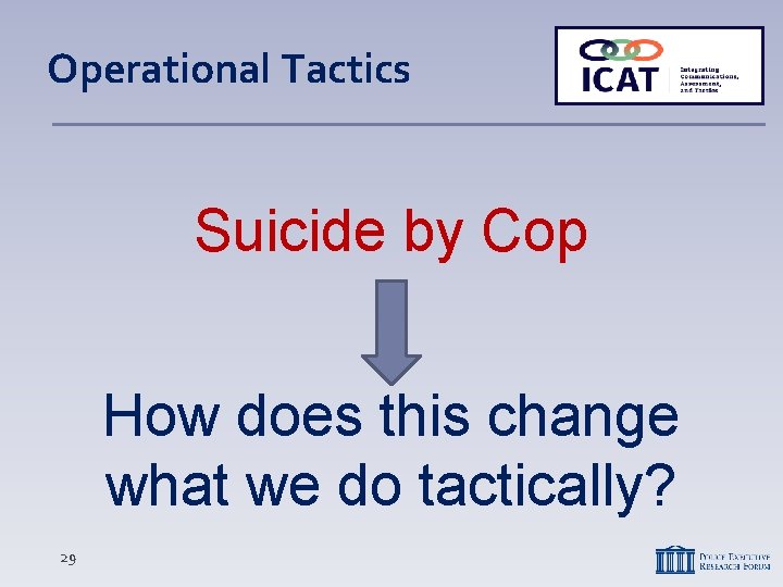 Operational Tactics Suicide by Cop How does this change what we do tactically? 29