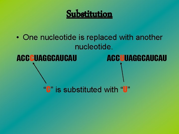 Substitution • One nucleotide is replaced with another nucleotide. ACCCUAGGCAUCAU ACCUUAGGCAUCAU “C” is substituted