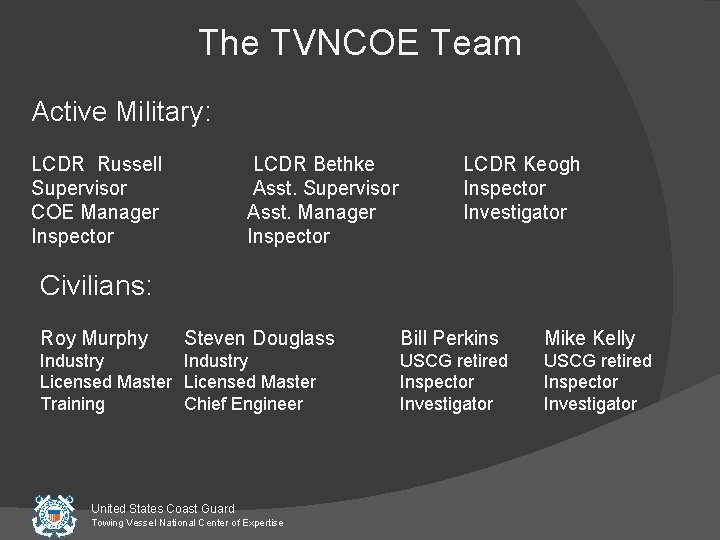 The TVNCOE Team Active Military: LCDR Russell Supervisor COE Manager Inspector LCDR Bethke Asst.