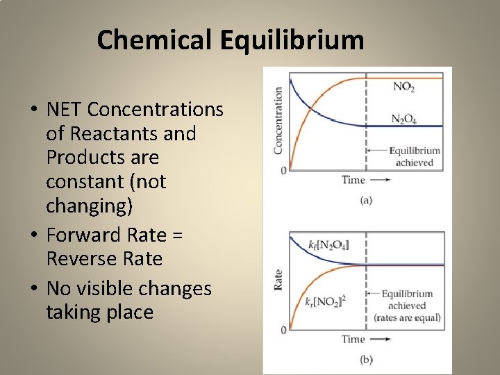 Chemical Equilibrium • NET Concentrations of Reactants and Products are constant (not changing) •