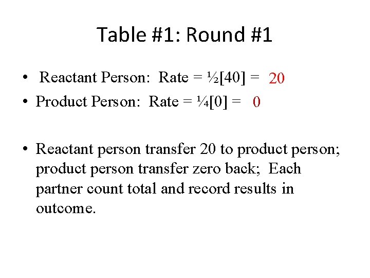 Table #1: Round #1 • Reactant Person: Rate = ½[40] = 20 • Product