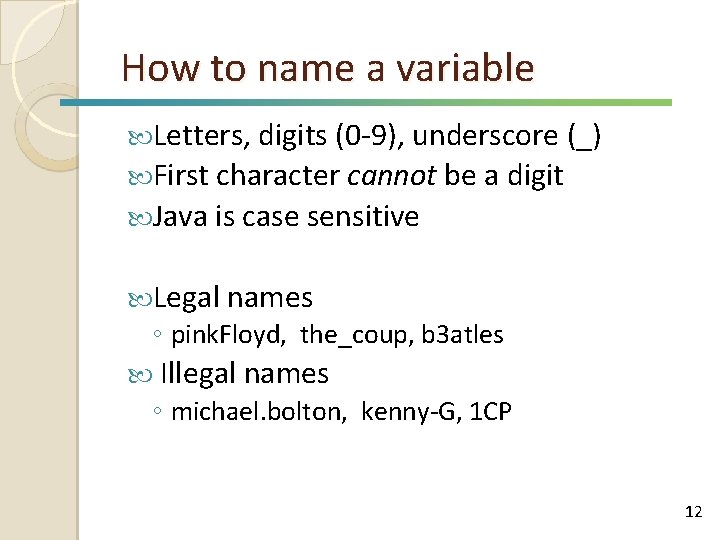 How to name a variable Letters, digits (0 -9), underscore (_) First character cannot