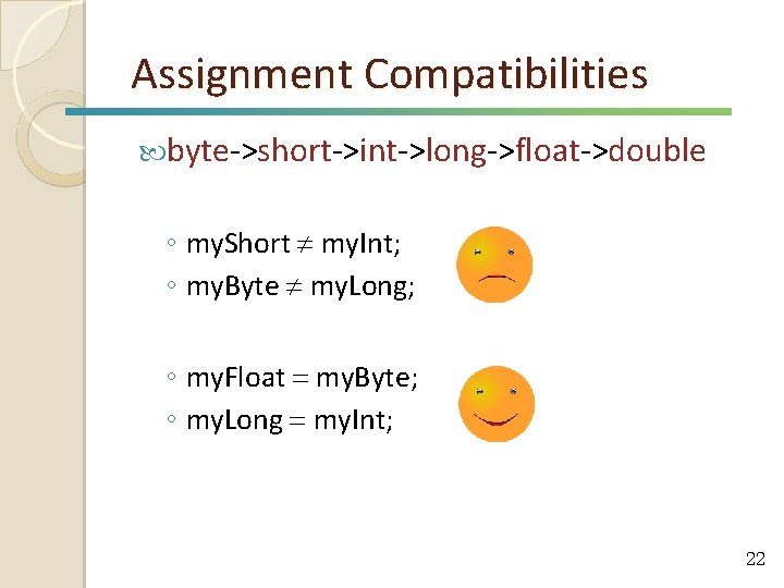 Assignment Compatibilities byte->short->int->long->float->double ◦ my. Short my. Int; ◦ my. Byte my. Long; ◦