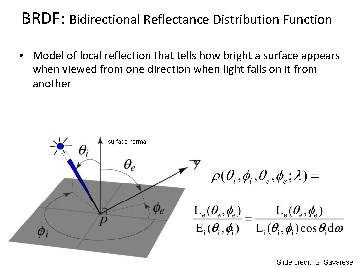 BRDF: Bidirectional Reflectance Distribution Function • Model of local reflection that tells how bright BRDF: Bidirectional Reflectance Distribution Function • Model of local reflection that tells how bright